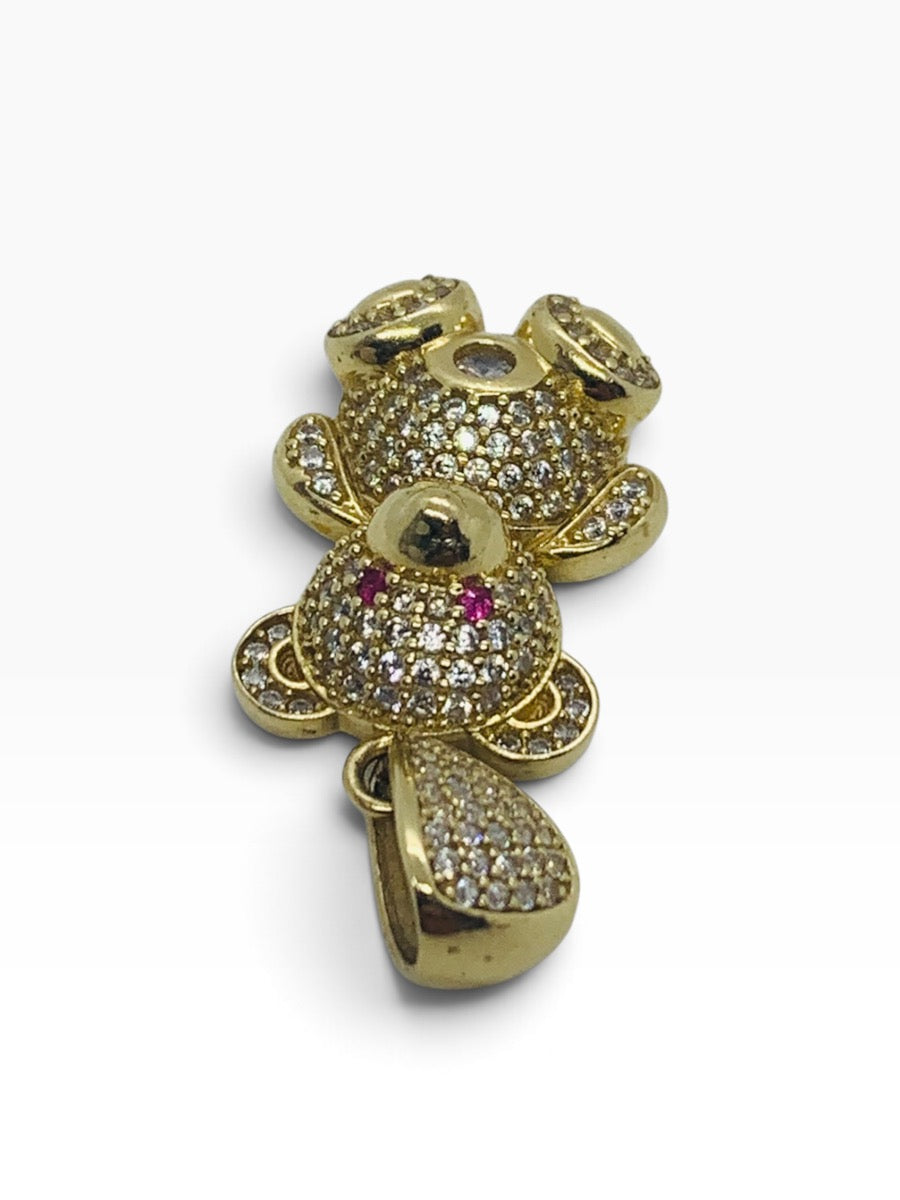 14K Yellow Gold Teddy Bear White/Red Stone Pendant 4.9 Grams | Size 1" x .5"