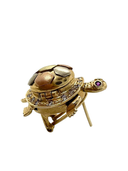 14K Tri-Tone Gold Articulated Turtle Earrings Red/Clear Stones | 15.7g