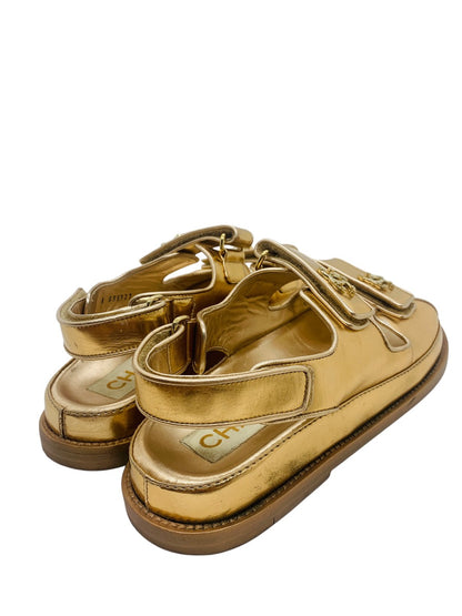 Chanel 22C Gold laminated CC Logo Dad Sandals US Size 7