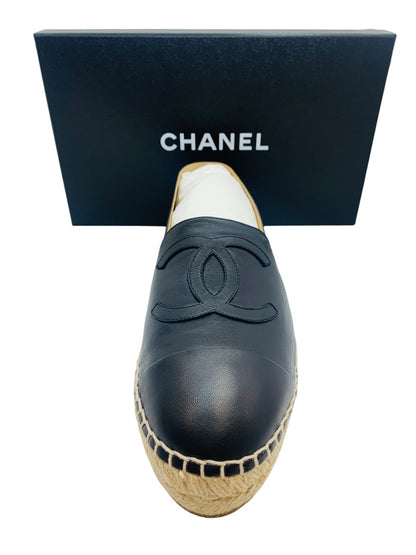 Chanel Espadrille Lambskin Women Black Leather Shoes Size 10