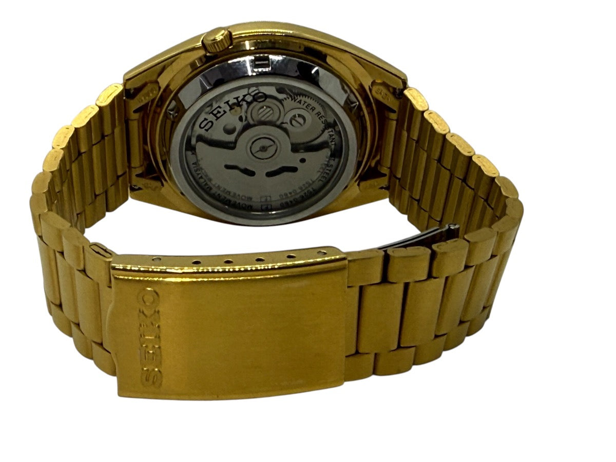 Seiko 5 7S26-0480 Gold Tone Automatic Watch Mosaic Grid Dial Day/Date