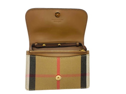 Burberry Hampshire House Check Derby Tan Leather Crossbody Bag