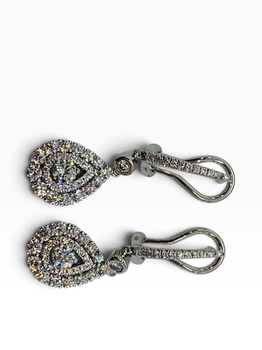 14K White Gold Diamond Dangling Pear Earrings w/ Round Dias .91 TCW | 5.6 Grams