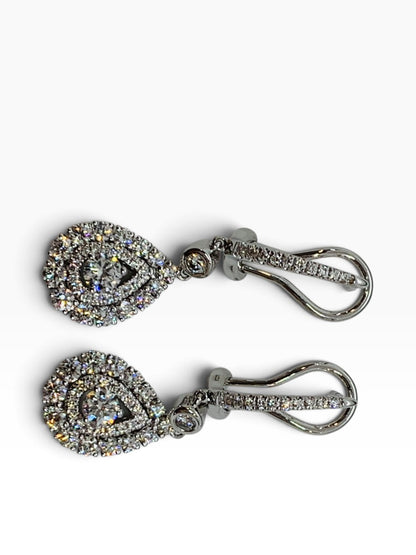 14K White Gold Diamond Dangling Pear Earrings w/ Round Dias .91 TCW | 5.6 Grams