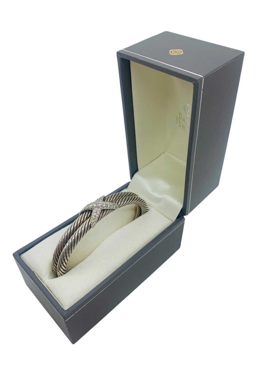 David Yurman Cable Bangle Bracelet .925 Sterling Silver  w/Natural Round Diamonds 3.6ct