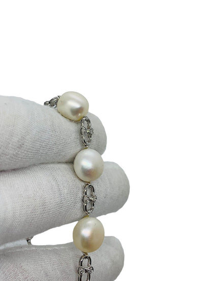 14K White Gold Diamond & Pearl Bracelet Natural Sontes 8" Length Infinity Link