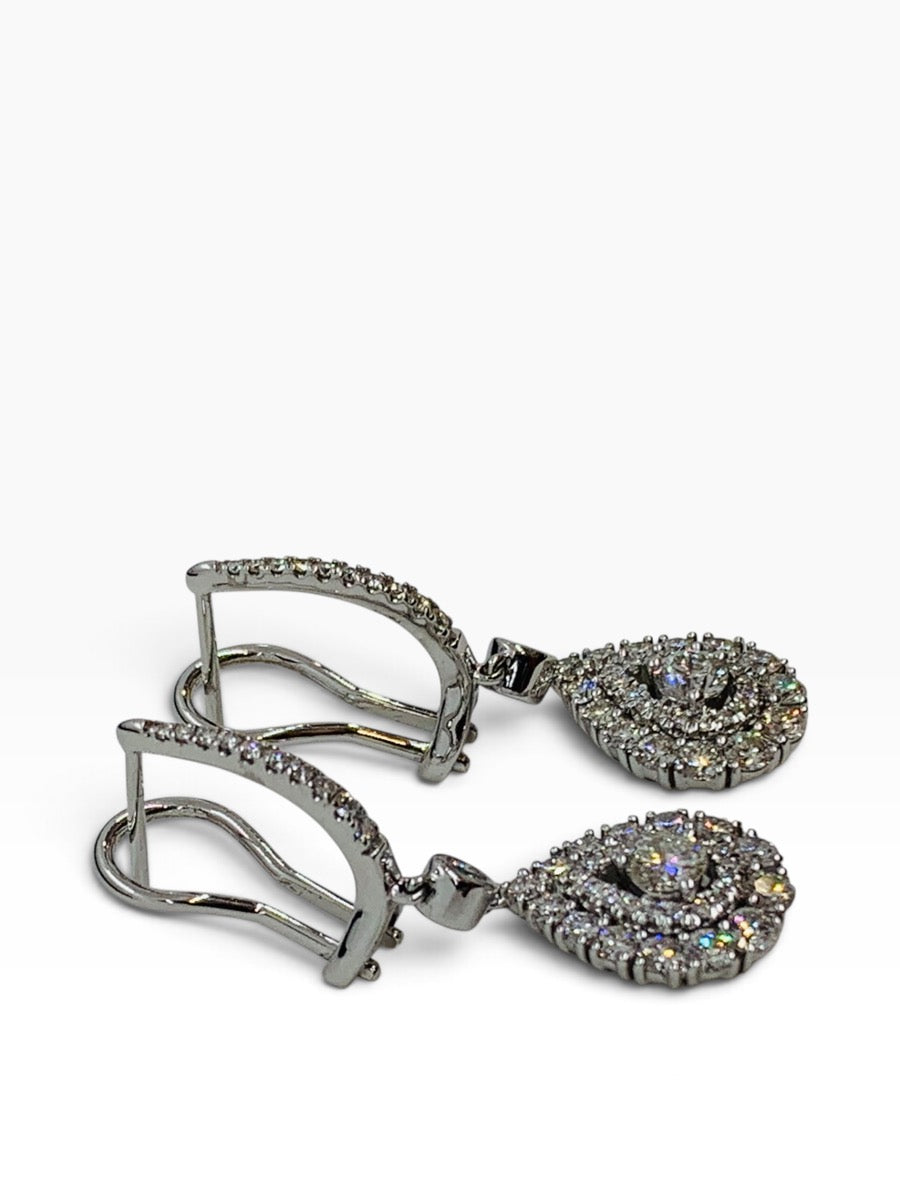 14K White Gold Diamond Dangling Pear Earrings w/ Round Dias .91 TCW | 5.6 Grams