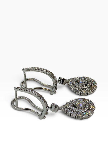 14K White Gold Diamond Dangling Pear Earrings w/ Round Dias .91 TCW | 5.6 Grams
