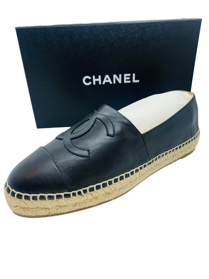 Chanel Espadrille Lambskin Women Black Leather Shoes Size 10