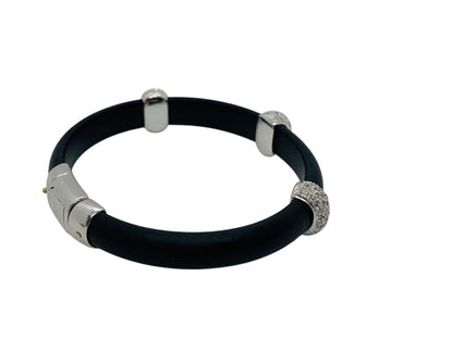 18K White Gold Diamond Black Rubber/Silicone Bracelet Size 6" | 17.6 Grams