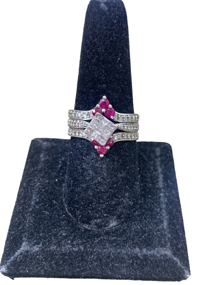 14K White Gold/Diamond/Red Stone Ring - 0.63tcw - Size 9 - 7.6g
