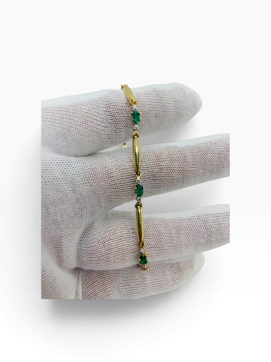 10K Yellow Gold Diamond Oval Cut Emerald Bracelet | 1 TCW | Size 7.5 | 4.2g