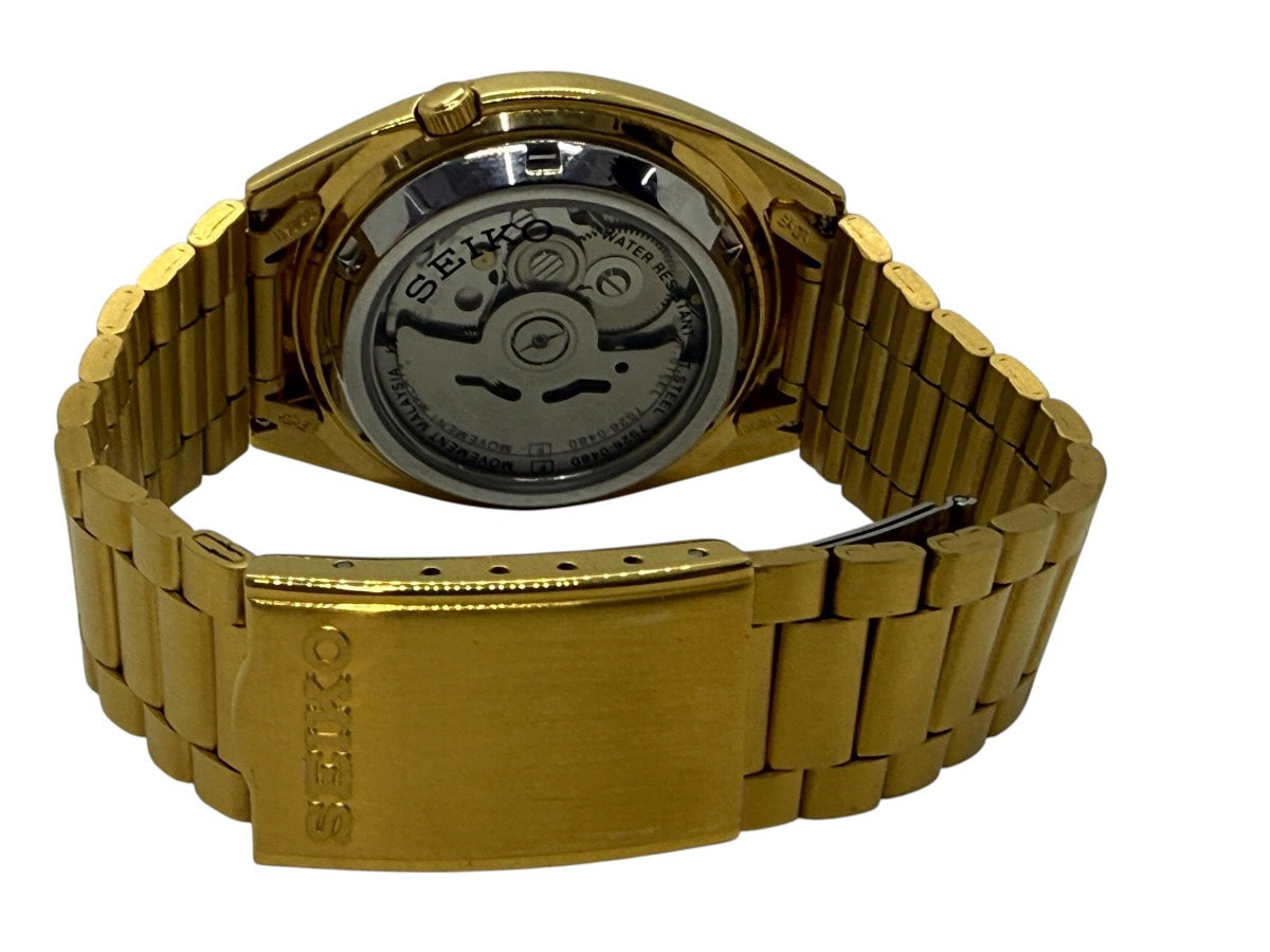 Seiko 5 7S26-0480 Gold Tone Automatic Watch Mosaic Grid Dial Day/Date
