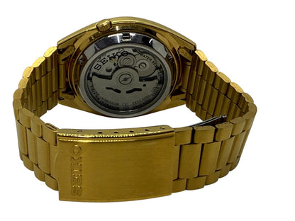Seiko 5 7S26-0480 Gold Tone Automatic Watch Mosaic Grid Dial Day/Date