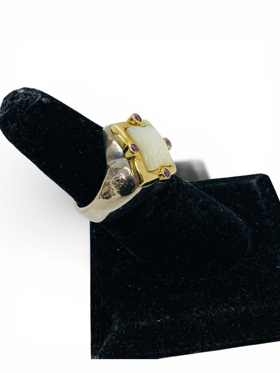 David Yurman 18K Gold & .925 Sterling Silver Carved Mother of Pearl & Sapphire Ring | Size 7