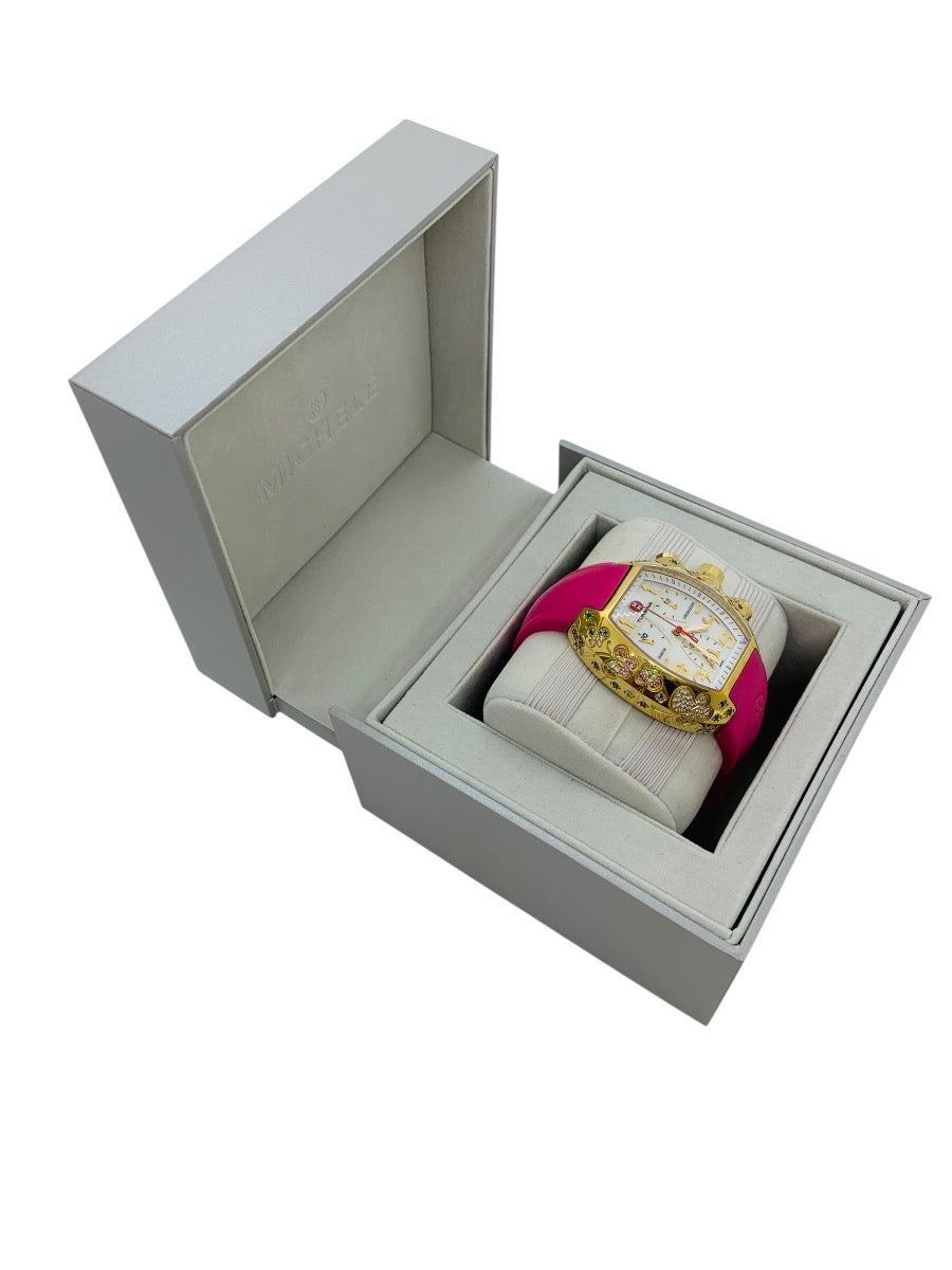Michele Turbina Butterfly Lady's Chronograph 44mm Quartz Watch Pink Rubber Strap