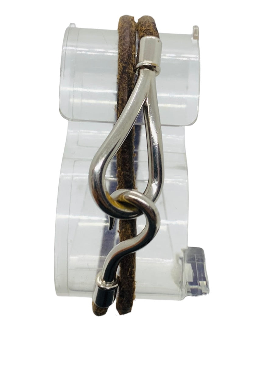 Hermes Jumbo Hook Bracelet Double Wrap Brown Leather Silver Tone