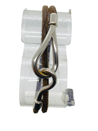 Hermes Jumbo Hook Bracelet Double Wrap Brown Leather Silver Tone