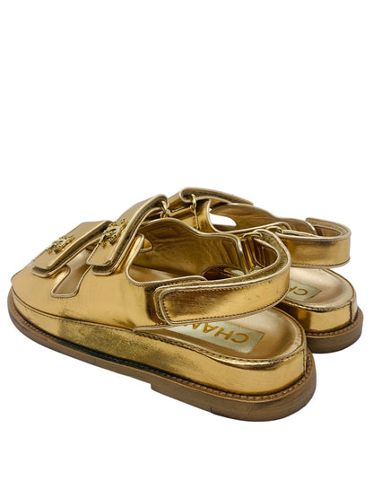 Chanel 22C Gold laminated CC Logo Dad Sandals US Size 7