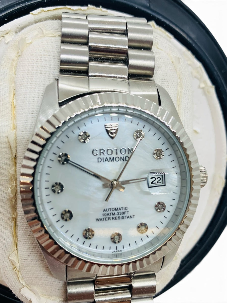 Croton Automatic Diamond Watch 10atm-330ft Stainless Steel White Face