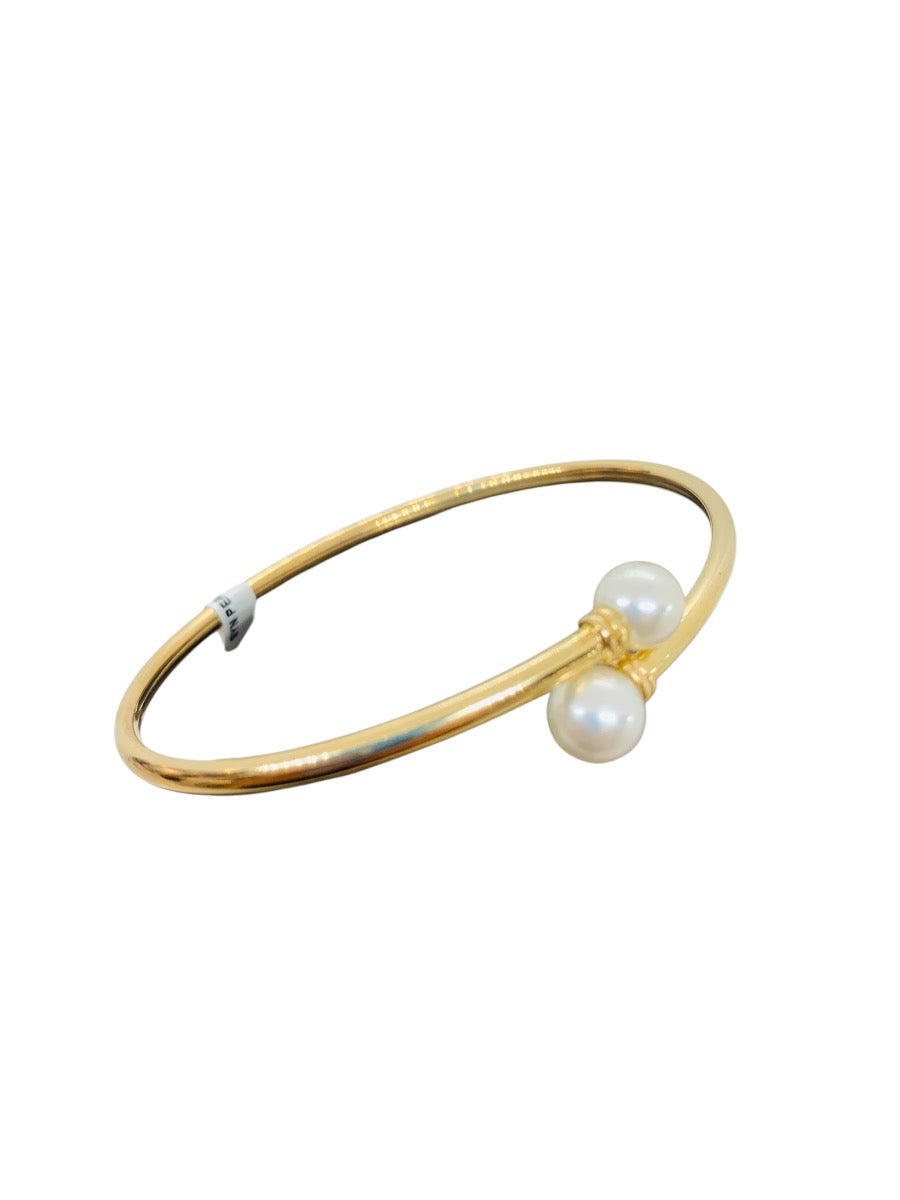14K Yellow Gold Open Cuff Round Pearl Bangle Bracelet | Size 7 | 3.9g