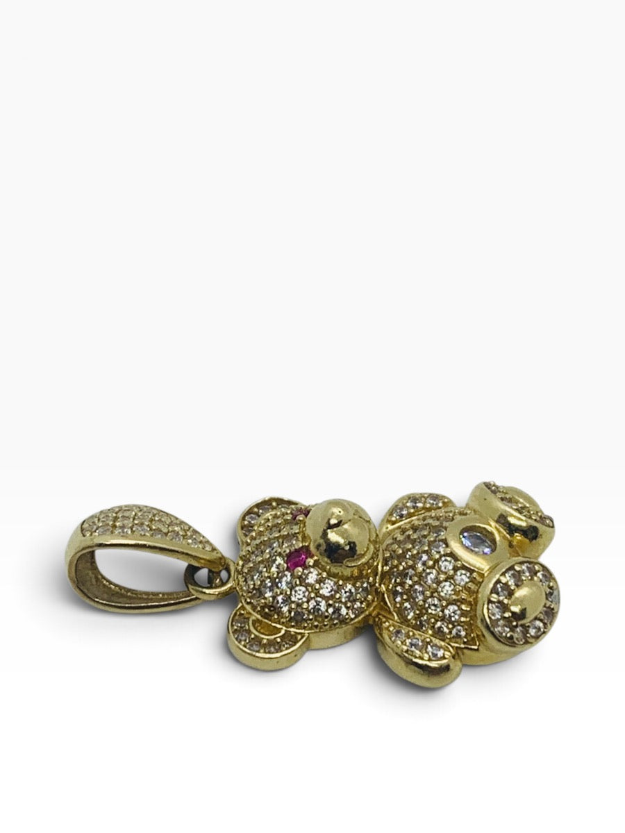14K Yellow Gold Teddy Bear White/Red Stone Pendant 4.9 Grams | Size 1" x .5"