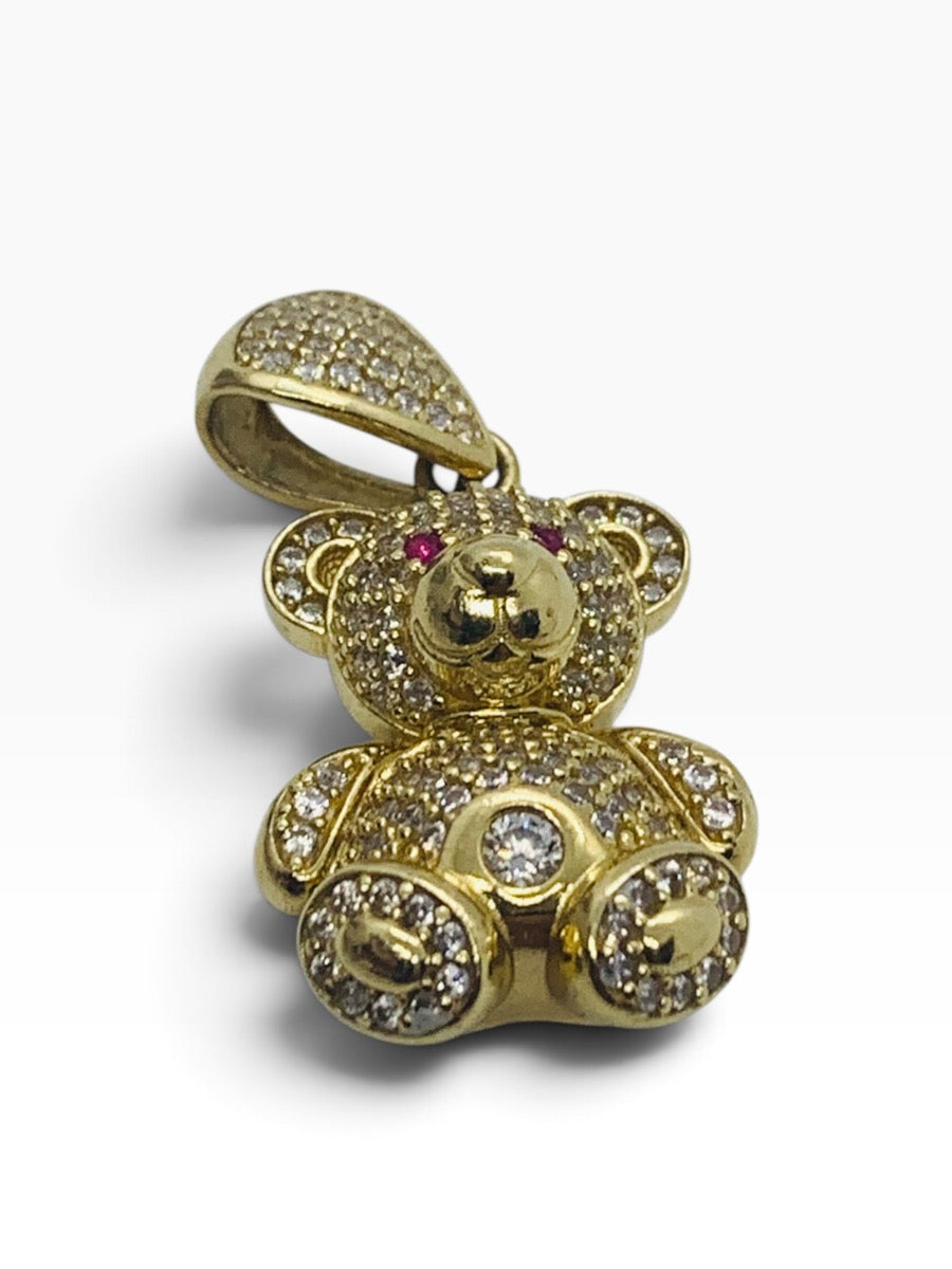 14K Yellow Gold Teddy Bear White/Red Stone Pendant 4.9 Grams | Size 1" x .5"