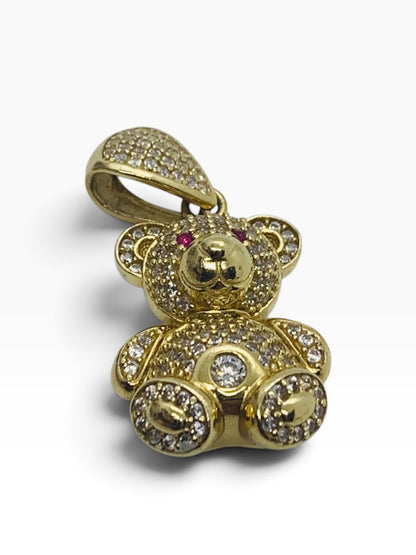 14K Yellow Gold Teddy Bear White/Red Stone Pendant 4.9 Grams | Size 1" x .5"