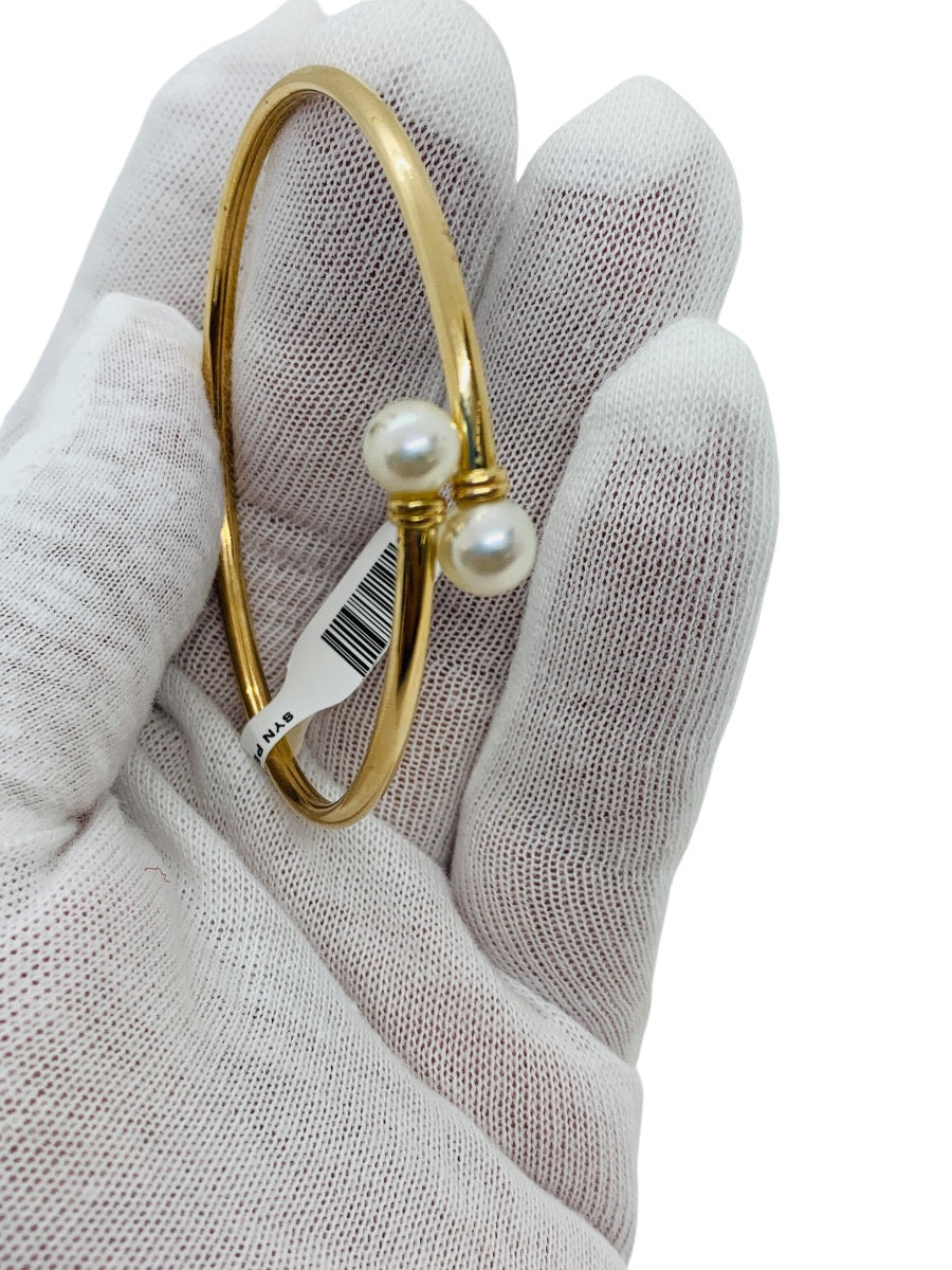 14K Yellow Gold Open Cuff Round Pearl Bangle Bracelet | Size 7 | 3.9g