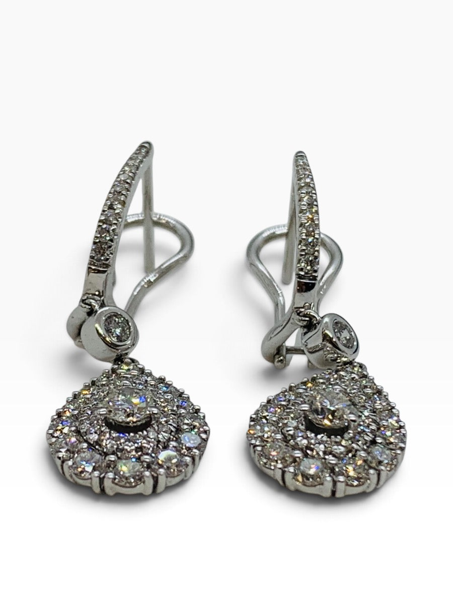 14K White Gold Diamond Dangling Pear Earrings w/ Round Dias .91 TCW | 5.6 Grams