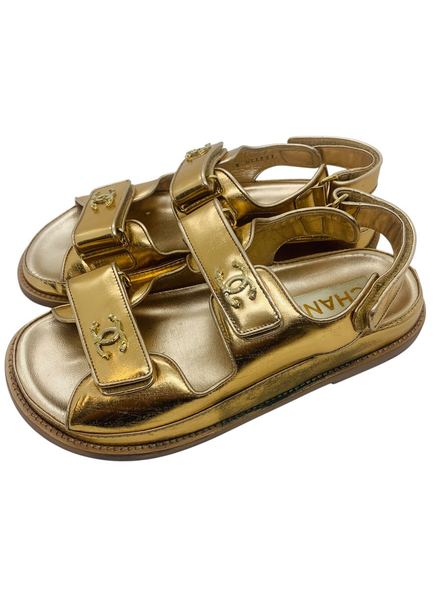 Chanel 22C Gold laminated CC Logo Dad Sandals US Size 7