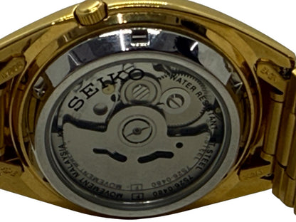 Seiko 5 7S26-0480 Gold Tone Automatic Watch Mosaic Grid Dial Day/Date