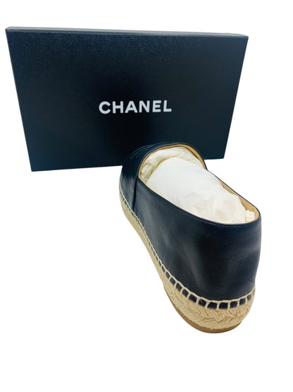 Chanel Espadrille Lambskin Women Black Leather Shoes Size 10