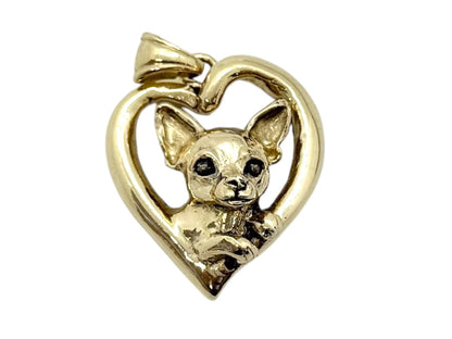 14K Yellow Gold Chihuahua Dog Heart Pendant | 8.6g