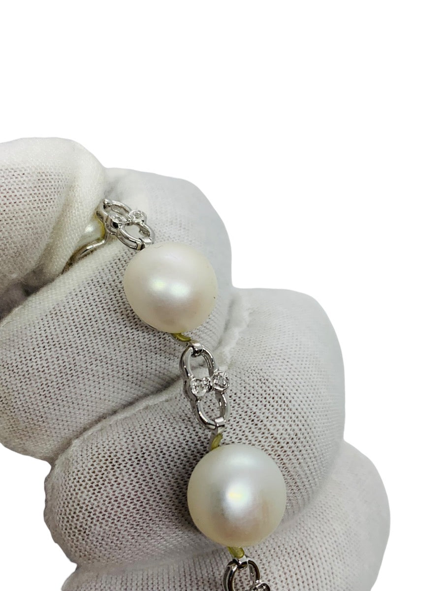 14K White Gold Diamond & Pearl Bracelet Natural Sontes 8" Length Infinity Link