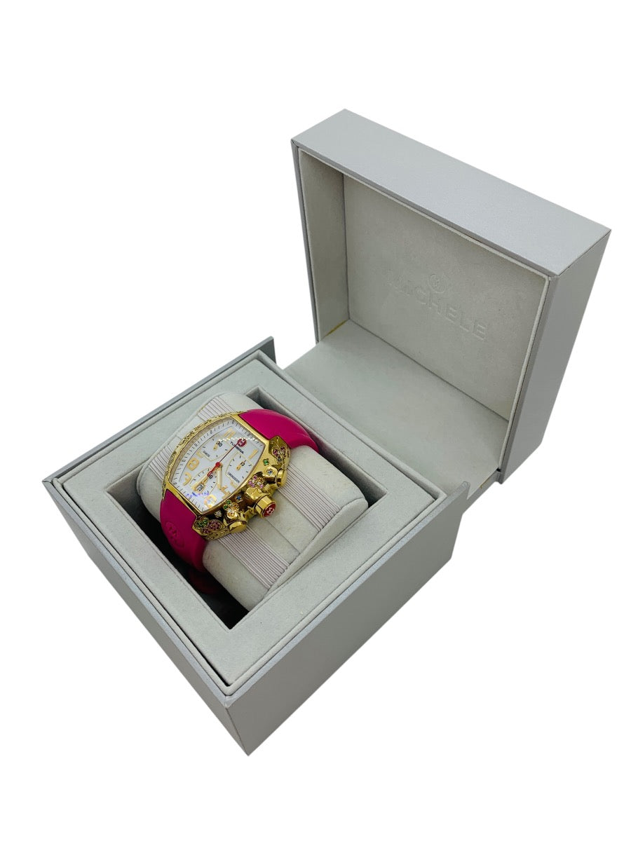 Michele Turbina Butterfly Lady's Chronograph 44mm Quartz Watch Pink Rubber Strap