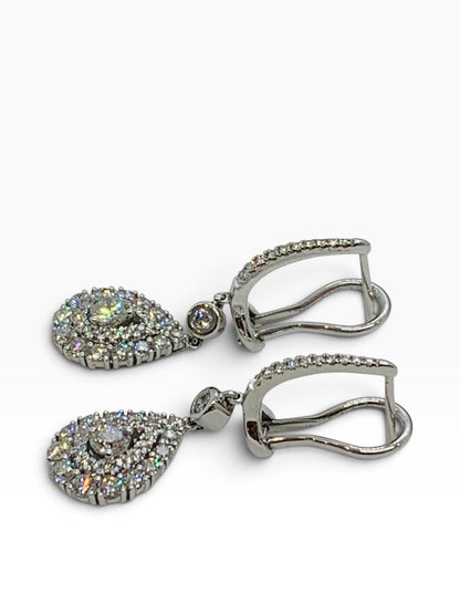 14K White Gold Diamond Dangling Pear Earrings w/ Round Dias .91 TCW | 5.6 Grams