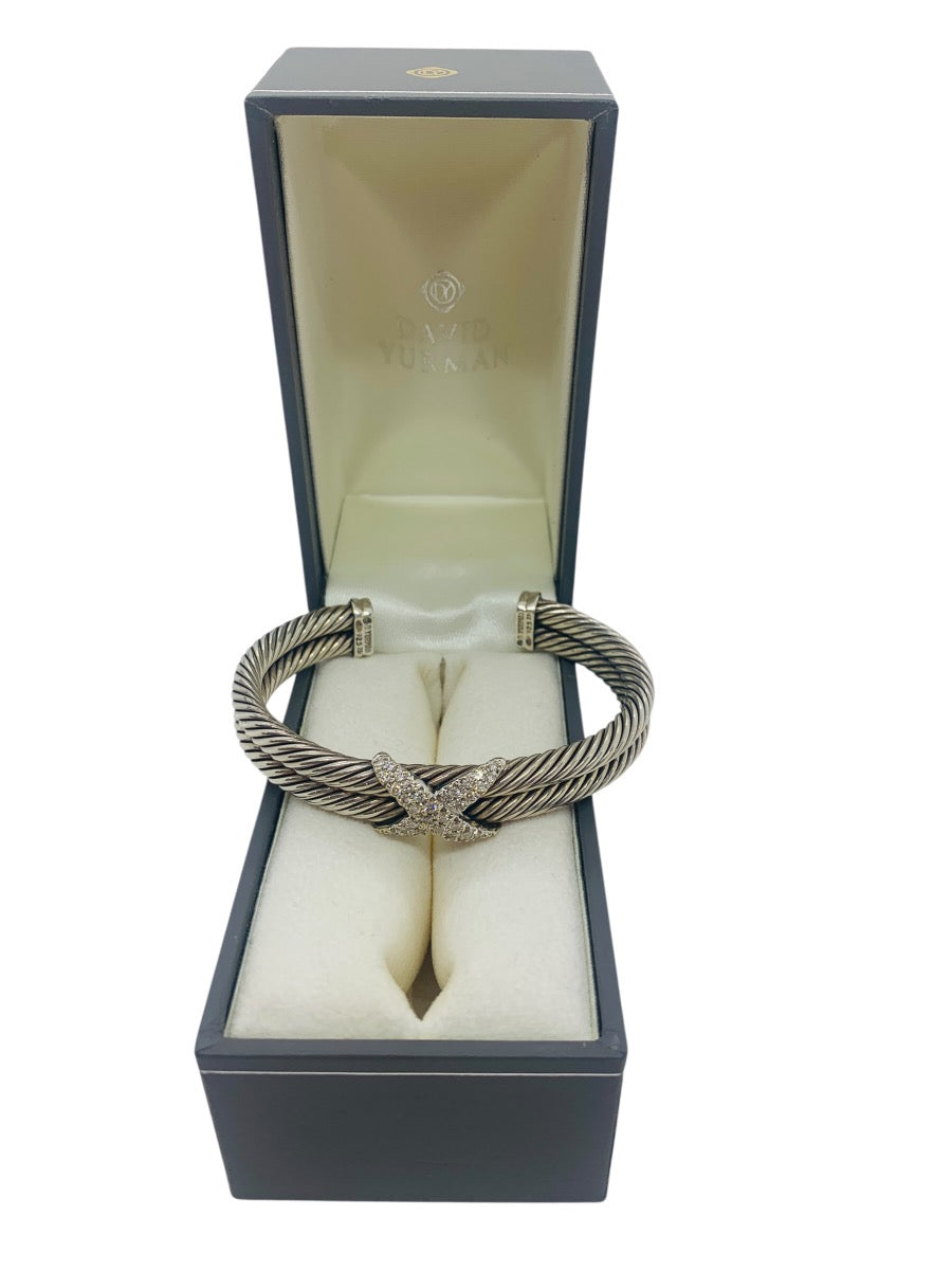David Yurman Cable Bangle Bracelet .925 Sterling Silver  w/Natural Round Diamonds 3.6ct