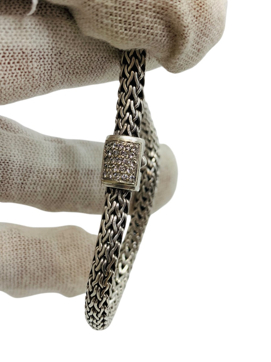 John Hardy Sterling Silver Icon Bracelet 7.625" x 6.5 mm Pave Diamond Clasp