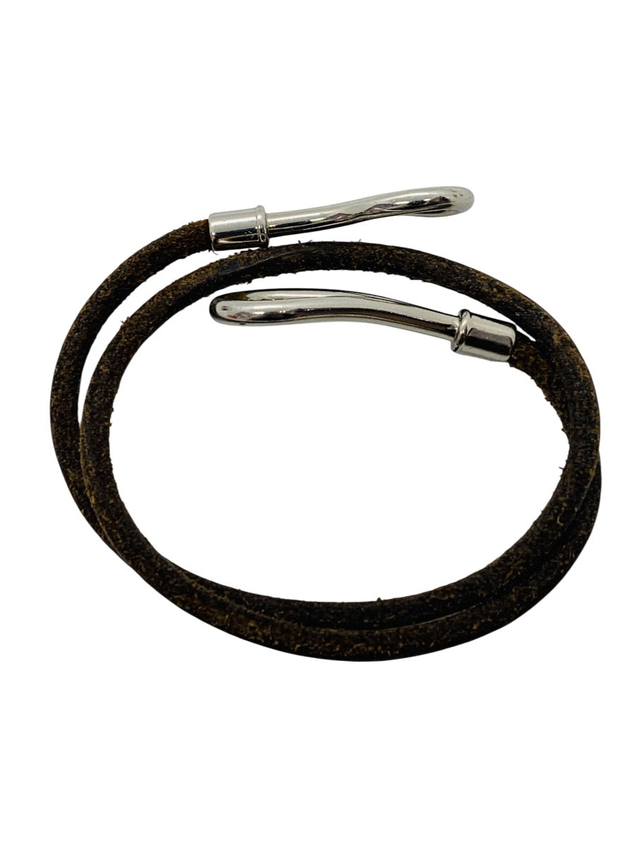Hermes Jumbo Hook Bracelet Double Wrap Brown Leather Silver Tone