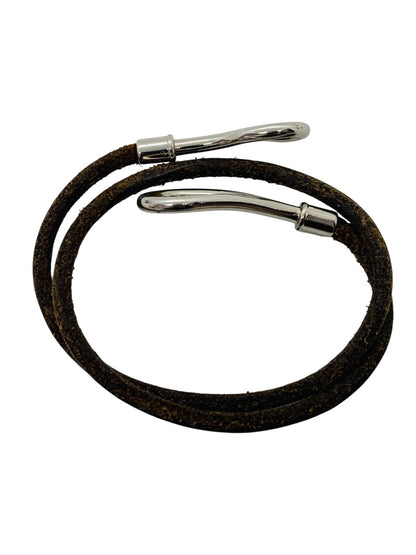 Hermes Jumbo Hook Bracelet Double Wrap Brown Leather Silver Tone