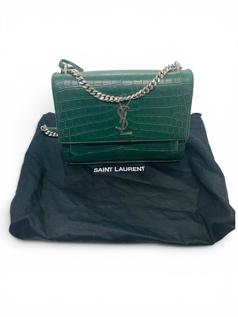 Yves Saint Laurent Sunset Green Crocodile Shoulder Bag Chain Strap