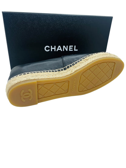 Chanel Espadrille Lambskin Women Black Leather Shoes Size 10