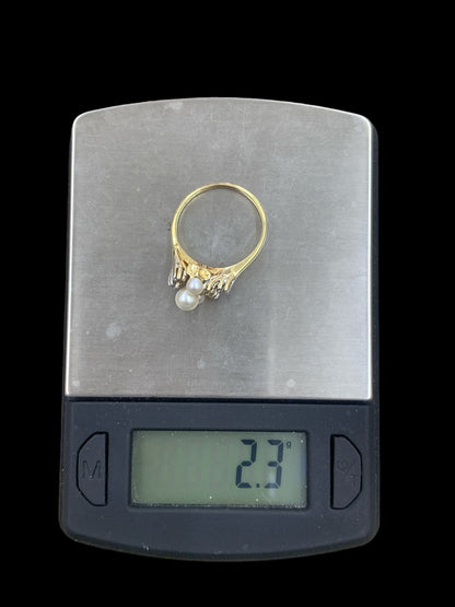 14K Yellow Gold/Diamond/Pearl Ring - 0.06tcw - Size 5 - 2.3g