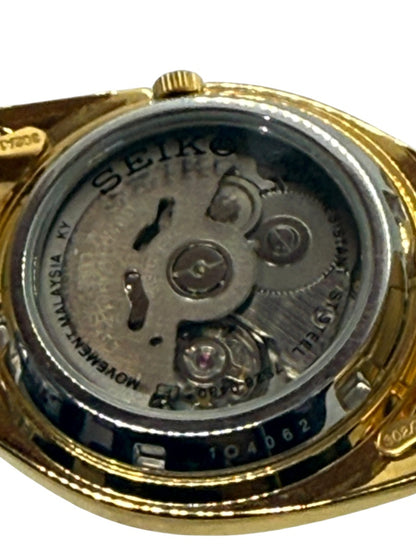 Seiko 5 7S26-0480 Gold Tone Automatic Watch Mosaic Grid Dial Day/Date