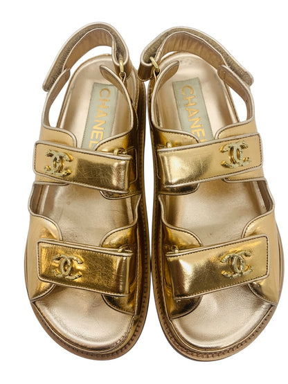 Chanel 22C Gold laminated CC Logo Dad Sandals US Size 7