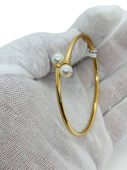 14K Yellow Gold Open Cuff Round Pearl Bangle Bracelet | Size 7 | 3.9g