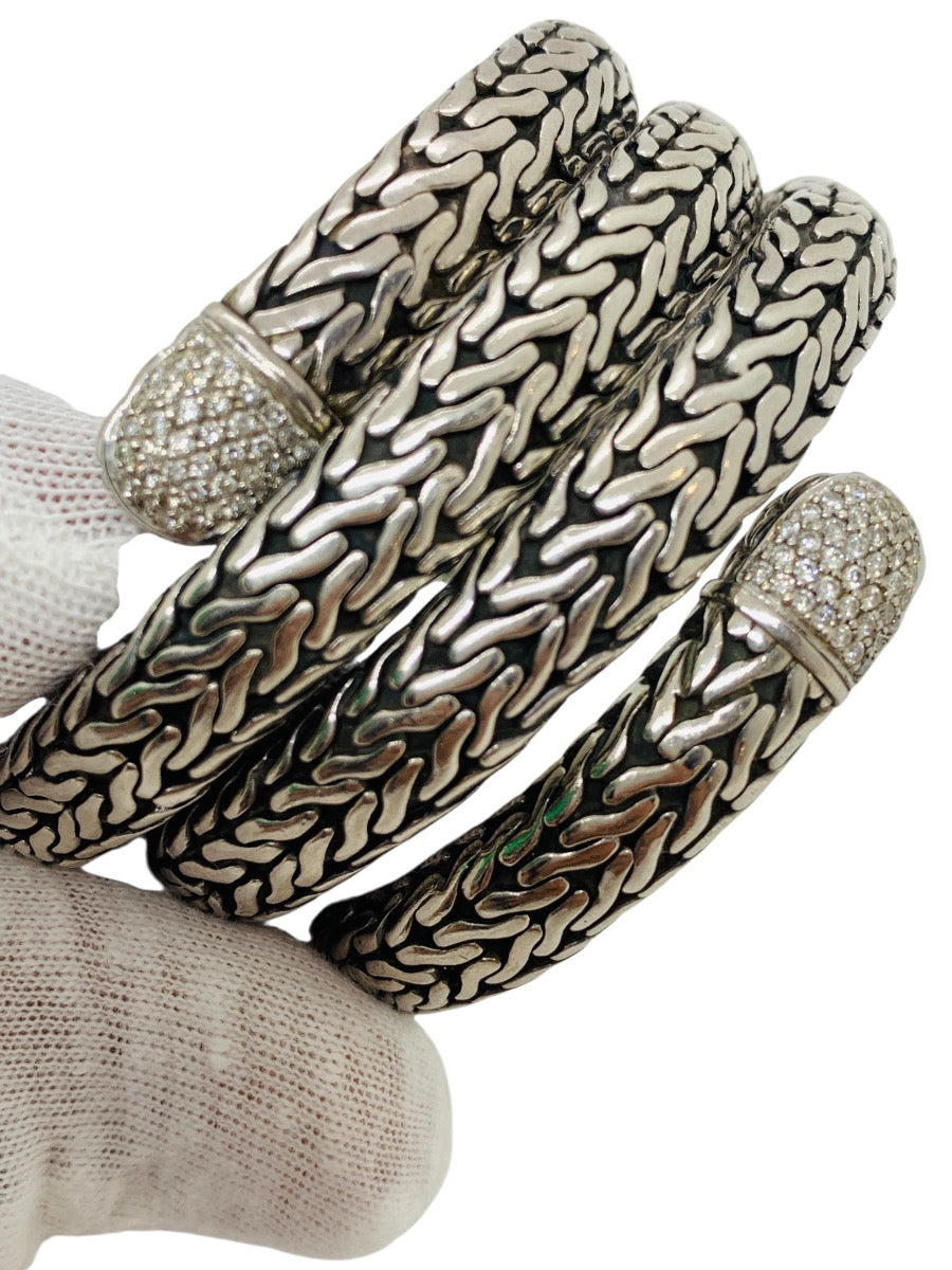 John Hardy .925 Sterling Silver 18k Gold Four row coil pave Diamond Wrap Bracelet