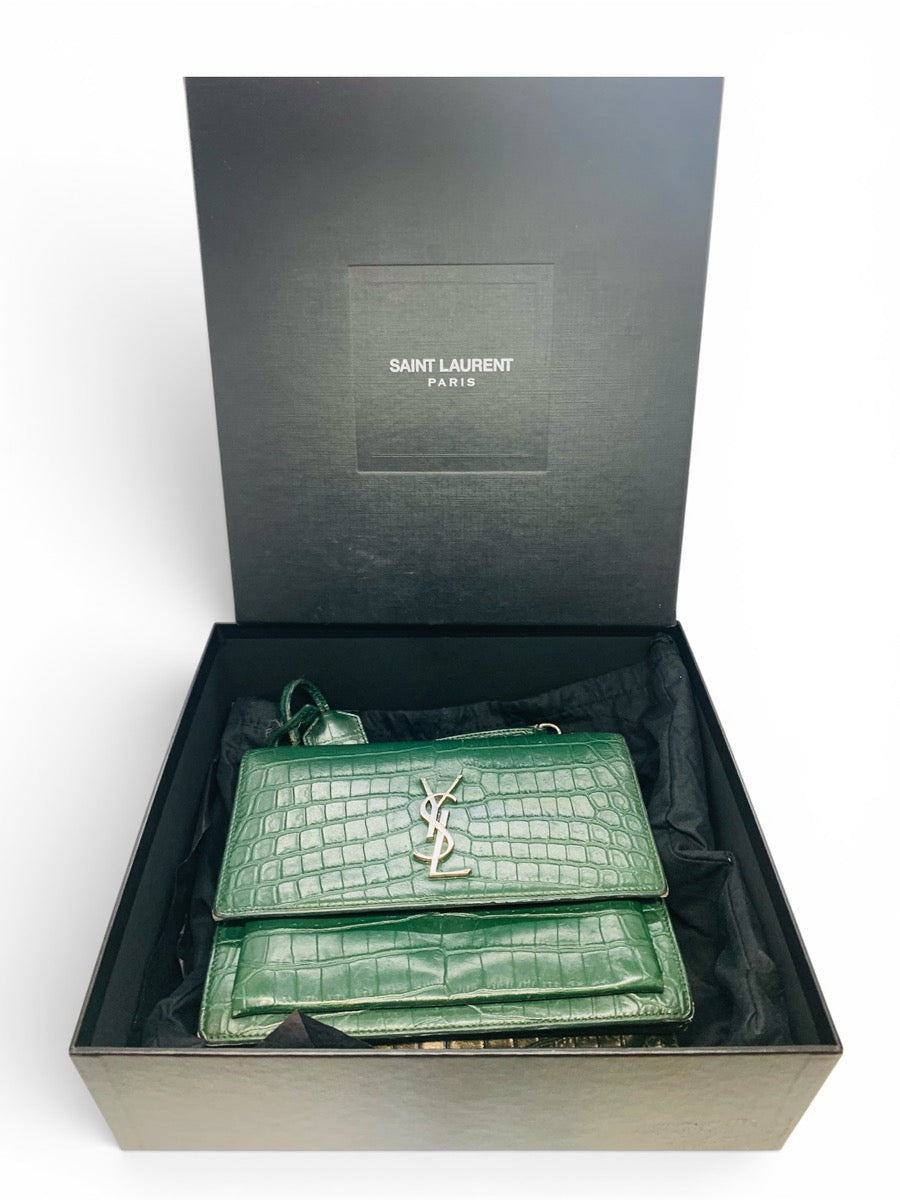 Yves Saint Laurent Sunset Green Crocodile Shoulder Bag Chain Strap