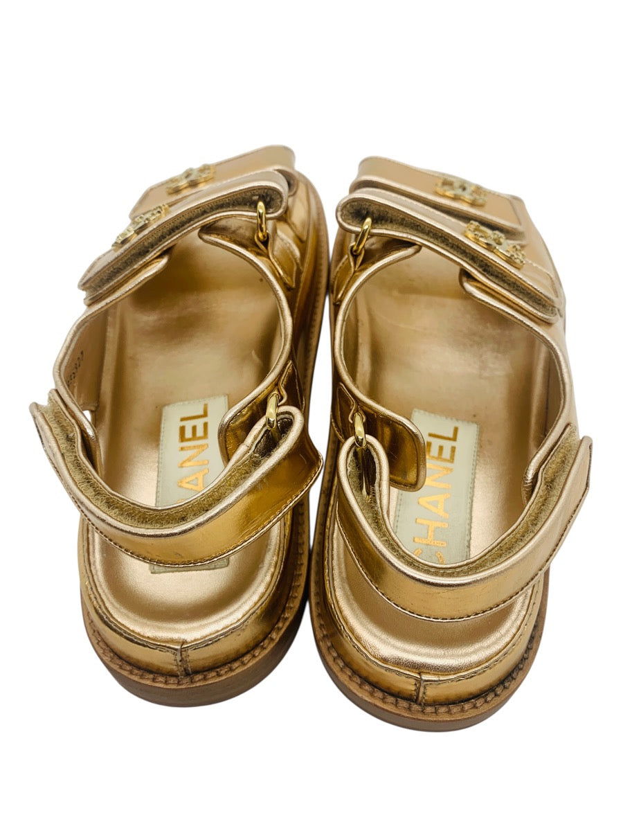 Chanel 22C Gold laminated CC Logo Dad Sandals US Size 7